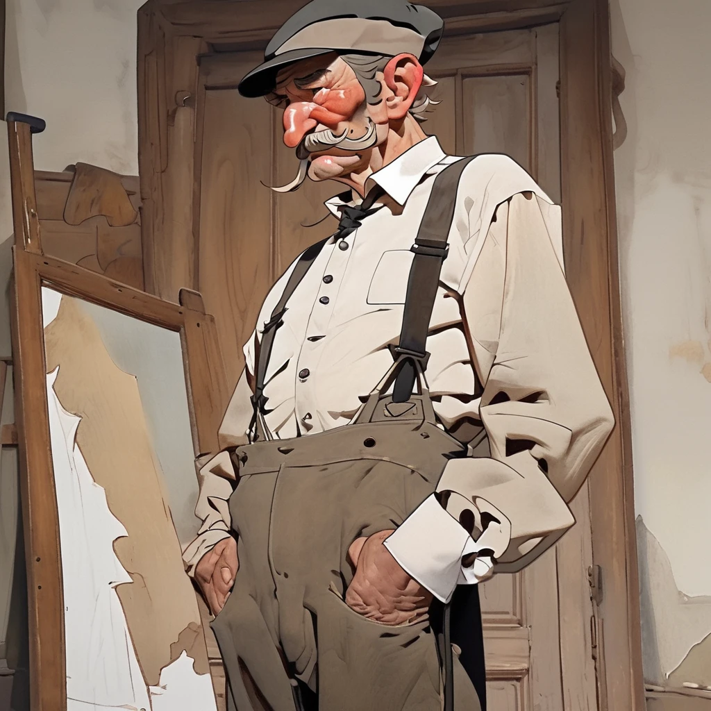 1man,Old West, Oil paint, black and white, cartoon style, light brown hair with some streaks of gray, strong Body, white dress shirt with, black suspender, faded black pants patched, Beret, thin big mustache, cheek spot, Arrogant, adult, young