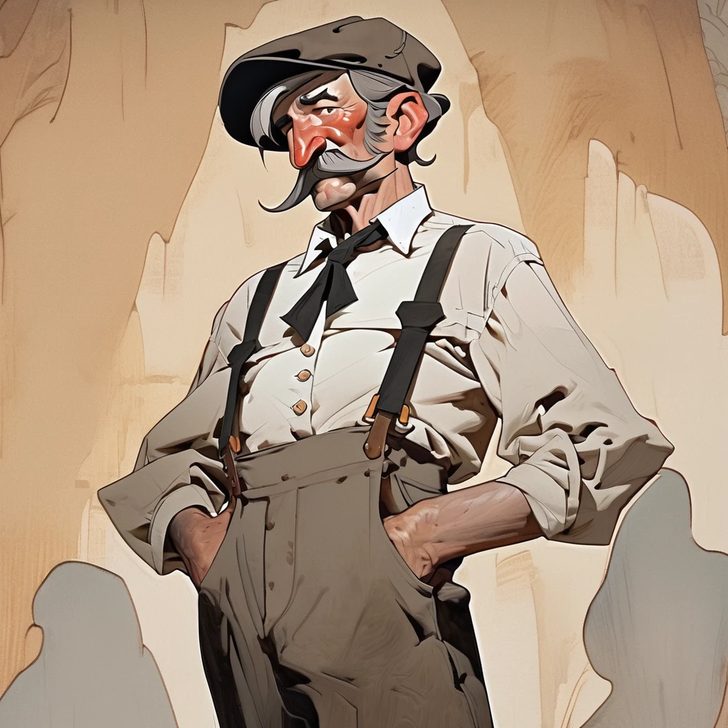 1man,Old West, Oil paint, black and white, cartoon style, light brown hair with some streaks of gray, strong Body, white dress shirt with, black suspender, faded black pants patched, Beret, thin big mustache, cheek spot, Arrogant, adult, young