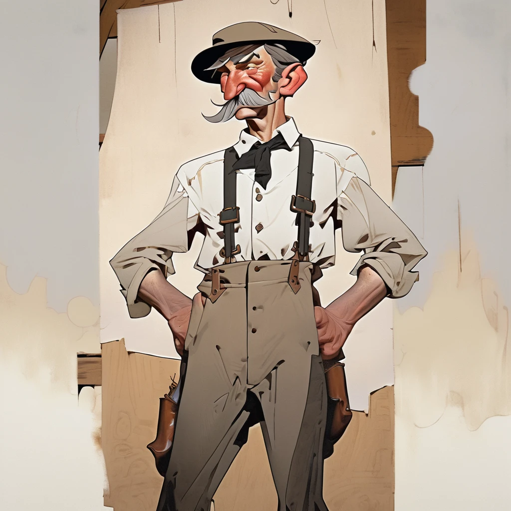 1man,Old West, Oil paint, black and white, cartoon style, light brown hair with some streaks of gray, strong Body, white dress shirt with, black suspender, faded black pants patched, Beret, thin big mustache, cheek spot, Arrogant, adult, young