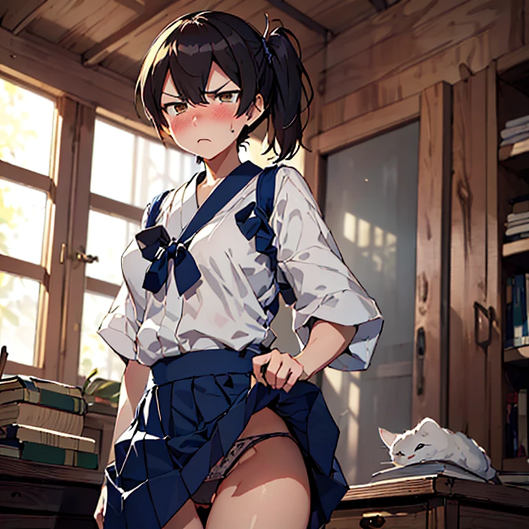 kaga_kantaicollection,hakama,(muneate:1.4) (masterpiece:1.4),(best quality:1.4), (amazing), (great illustration:1.4), (ultra-detailed:1.4), (art CG, 8K), (skirt lift:1.4),(flipped my skirt:1.4),show panties,rage,(displeased:1.4),(blush:1.2),full body,standing,1girl,solo,fundoshi