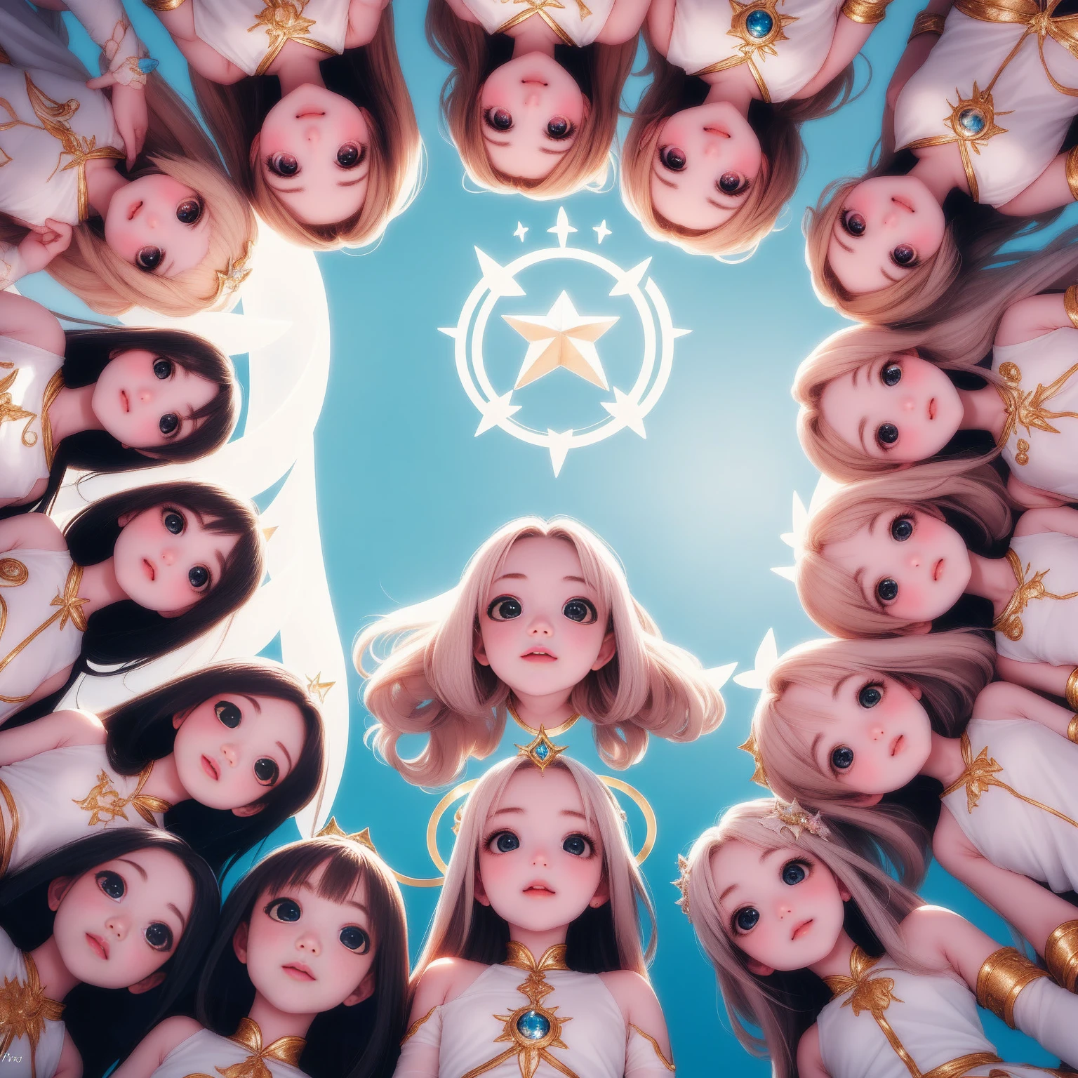 looking up, comingto, surrounded by cute princess girls, geometric, aura, halo, newworld, perfect face, perfect hair