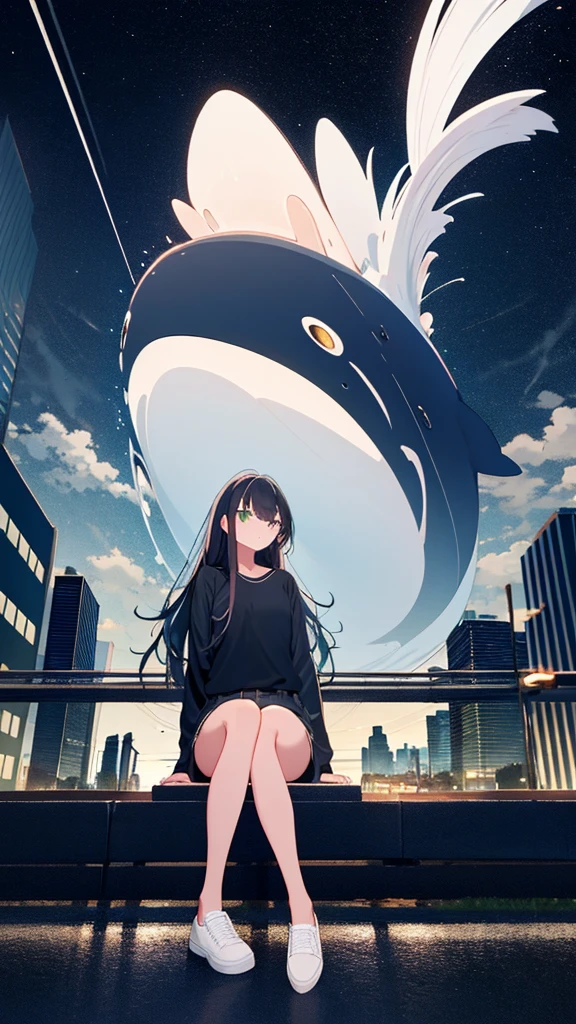 monochrome color、masterpiece, Exquisite detail,Highest quality, One girl, alone, handrail, cloud, Looking up at the buildings,Long Hair, NULL, Long sleeve, Power lines, White footwear, Black Hair, View your viewers, Electric pole, bangs, cloudy NULL, fish, bird, Green Eyes, Shorts, Day, Black Shirt, barefoot,Whale flying in the sky,Giant whale,night,star,milky way,night,Pitch black,Buildings,Sitting