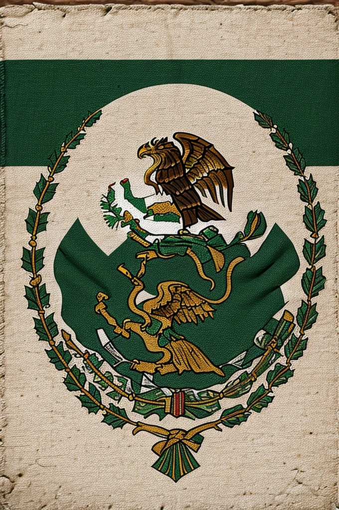 Image in vertical format of 21 x 27cm about the shield and flag of Mexico in the middle of a war