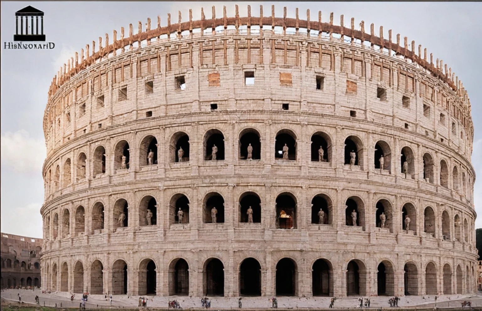 arafed view of a large building with a man walking in front of it, colosseo, colosseum, roman coliseum, roman architecture, coliseum of rome, roma, in a city with a rich history, coliseum, rome, ancient rome, old roman style, roman style, roman historic works, monumental structures, ancient roman style, roman monuments