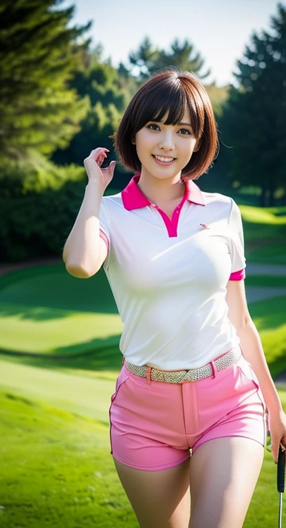 (A Gorgeous American-Chinese Lady, age 28, Tight Thin White Polo-Shirt & Pink shorts, Rambo Red Bandana, random pose at a golf course, Windy Cool Weather dimpled smile, short_bob_hair_side_bangs, cute snaggletooth, well-endowed round bosom, photorealistic, beautiful detailed eyes, hyper-realism, high contrast, ultra HD, realistic skin textures, top image quality, top-quality, super high resolution, fine details, very meticulously, vivid colors, head_to_knees, The_Cowboy_Shot, bokeh background)