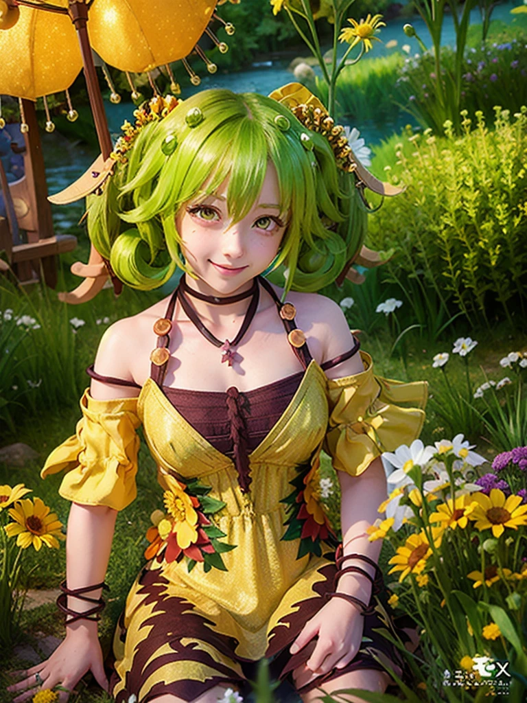 ((masterpiece,best quality)),(extremely detailed CG, unity, 8k wallpaper:1.1),traptrixsera, twintails,1girl,cute,solo,flat chest,yellow hair,smile,small breast,looking at viewer,green hair,tree,grass,forest,naughty face,flowers,stone, 