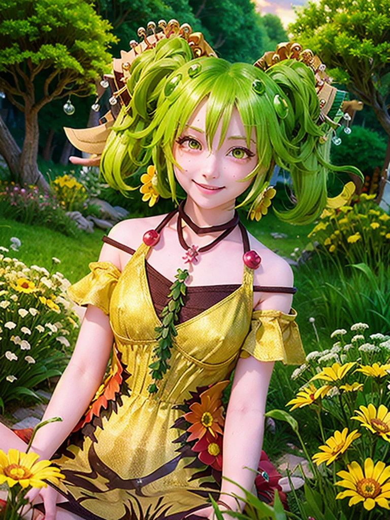 ((masterpiece,best quality)),(extremely detailed CG, unity, 8k wallpaper:1.1),traptrixsera, twintails,1girl,cute,solo,flat chest,yellow hair,smile,small breast,looking at viewer,green hair,tree,grass,forest,naughty face,flowers,stone, 