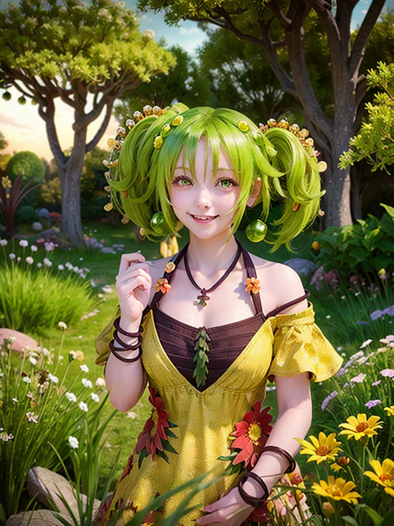 ((masterpiece,best quality)),(extremely detailed CG, unity, 8k wallpaper:1.1),traptrixsera, twintails,1girl,cute,solo,flat chest,yellow hair,smile,small breast,looking at viewer,green hair,tree,grass,forest,naughty face,flowers,stone, 