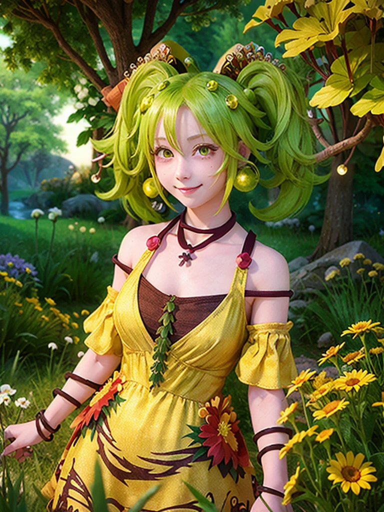 ((masterpiece,best quality)),(extremely detailed CG, unity, 8k wallpaper:1.1),traptrixsera, twintails,1girl,cute,solo,flat chest,yellow hair,smile,small breast,looking at viewer,green hair,tree,grass,forest,naughty face,flowers,stone, 