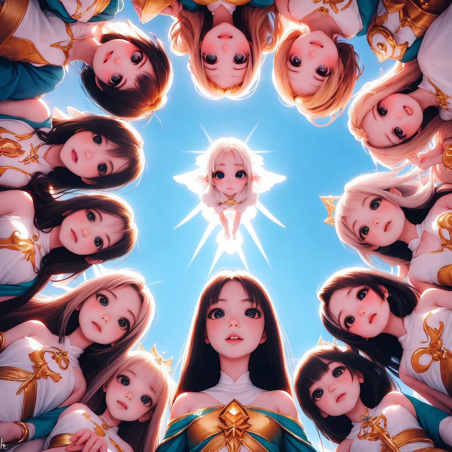 looking up, comingto, surrounded by cute princess girls, geometric, aura, halo, newworld, perfect face, perfect hair