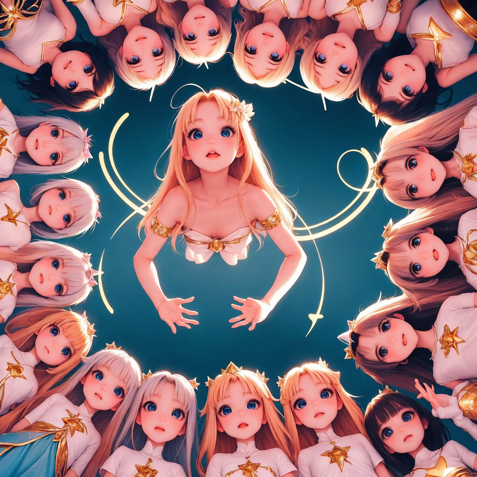 looking up, comingto, surrounded by cute princess girls, geometric, aura, halo, newworld, perfect face, perfect hair