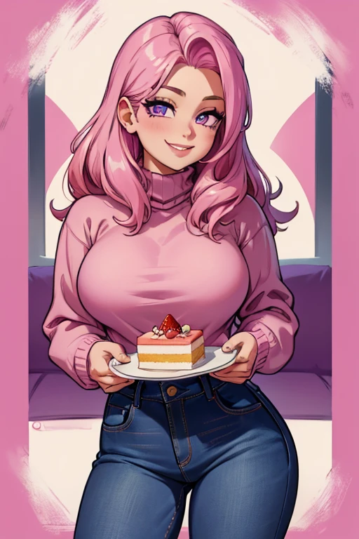 Perfect face. Perfect hands. A pink haired woman with violet eyes with an hourglass figure in a cute sweater and jeans is eating a cake with a big smile