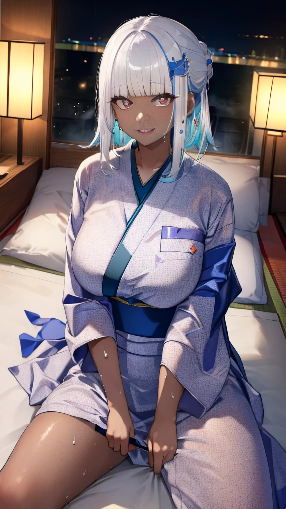 Highest quality、Highest quality、masterpiece、High-end、
,
(kimono:1.28),Heart-shaped pupils、((throw:1.8)),
smile,Mouth closed,
Lady,Mature Woman, Cowboy Shot,
(Dark Room:1.5, Love hotel beds in Japan:1.5, Detailed Background:1.18),
High resolution,Official Art,original,masterpiece,Highest quality, reality、
(Huge breasts),
(Oily skin),((vapor,Sweat))
Lying on the futon in a sexy pose、Lie down with your legs apart, invite、serviceを実行する、service、White Hair、(Brown Skin:1.5)