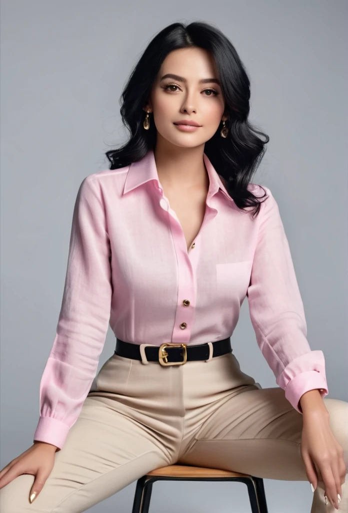 a fair-skinned businesswoman, black hair a little below the shoulders, He is wearing a fashionable pink linen long-sleeved shirt with small buttons on the front and his pants are beige dress pants., She is wearing small gold accessories, your hands and nails are perfect , aligned and ultrarealistic, is posing sitting crossed legs , with your gaze straight ahead, One hand is in front of your legs and the other hand is touching your face, touching your hair., in a photo shoot, 3d 4k image