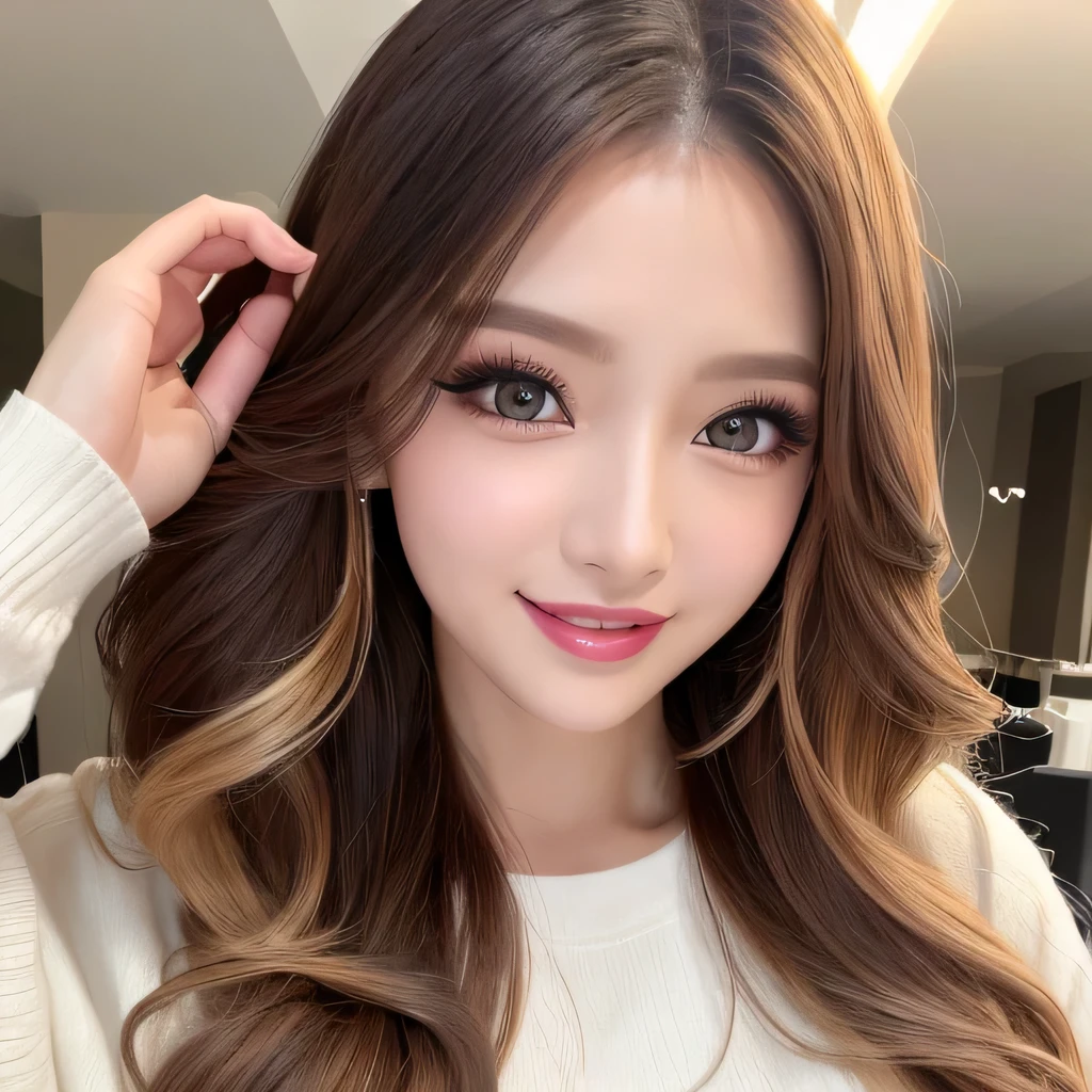 ((Highest quality, Tabletop, Ultra-high resolution、The most complex and detailed depiction))、(Very bright lighting:1.pring-like clothes)、(Beautiful woman:1.1)、(Long Wavy Hair:1.05), (Accurate anatomy:1.1)、Colored contact lenses、Perfect Makeup、、lipstick、Highly saturated eyeshadow、Cute one-piece figure、Blurred Background, Look at me and smile、Fine dining、(Face close-up:1.1)、(Ultra-high resolution gloss, Fair skin:1.1)、Ultra-high resolutionの顔、Ultra-high resolutionの髪、Ultra-high resolution sparkling eyes、Ultra-high resolution glossy lips、(Brightly lit white skin:1.1)、Beautiful face drawn in every detail、Ultra-high resolution perfect beautiful teeth、(Bright and vivid:1.1), whole body
