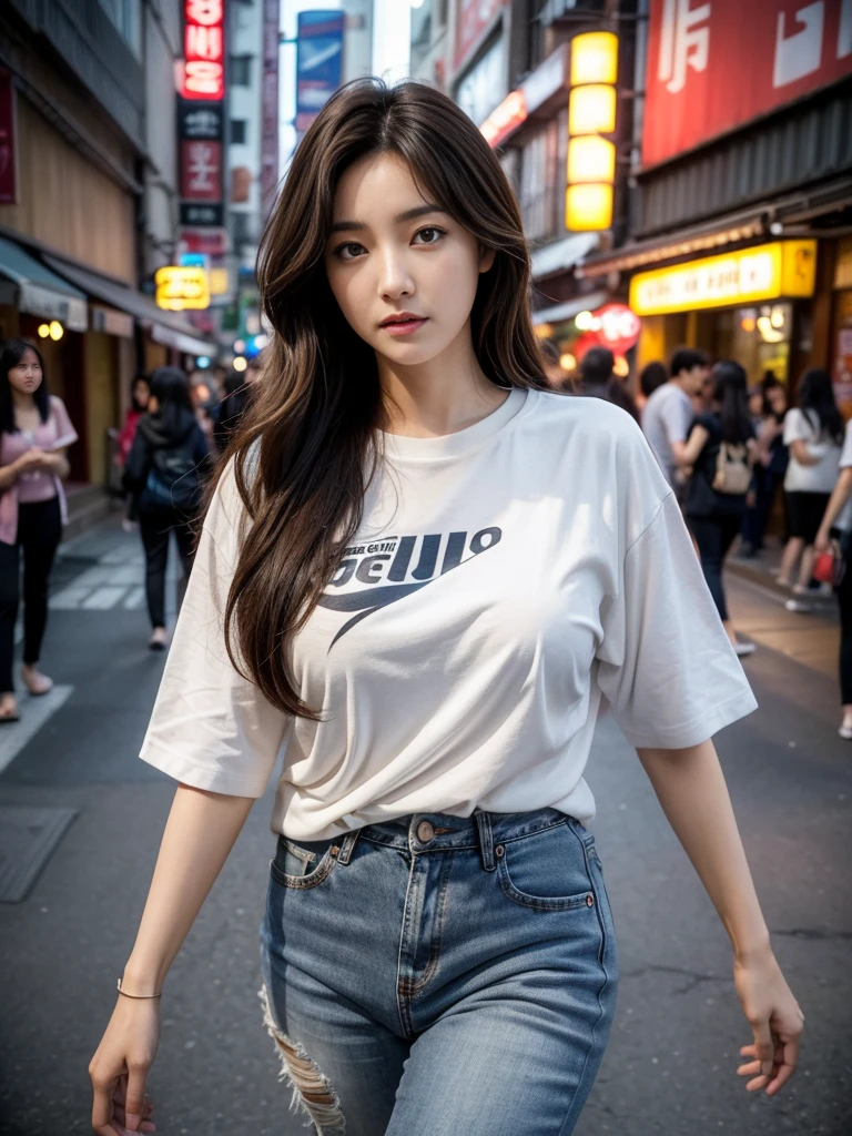 best quality,8k, Detailed facial depictions, Detailed eye description, Brown hair(long wavyhair),beautiful korean girl, 40 years old, slim body, huge breast , tshirt and short jean , walking around in the middle of the city with lots of people in Itaewon, Korea , long exposure