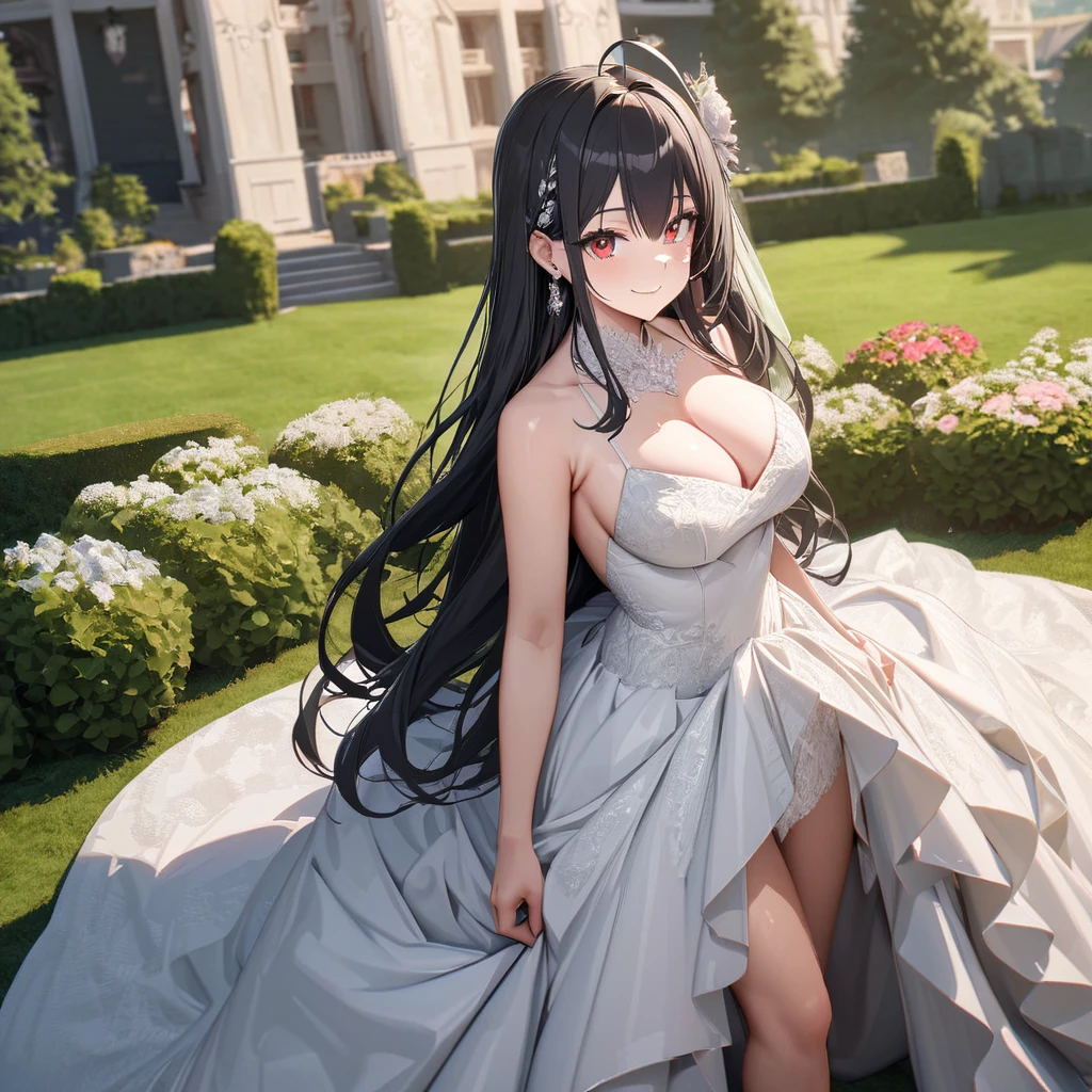 A woman wearing a luxurious white wedding dress, silver flowers in the hair, wedding dress, spaghetti strap, sleeveless dress, silver earring, jewelry, hair ornament, red eyes, smiling, ahoge, big breasts, black hair, long hair, exposed thigh, standing in a luxurious garden, mansion in the background, lawn on site, some trees around, perfect face, perfect eyes, perfect smile, place of day,,UHD , prime work , accurate , anatomically correct , textured skin , super details , high quality , best quality, 8k, high resolution, bokeh effect. (woman alone), close view.