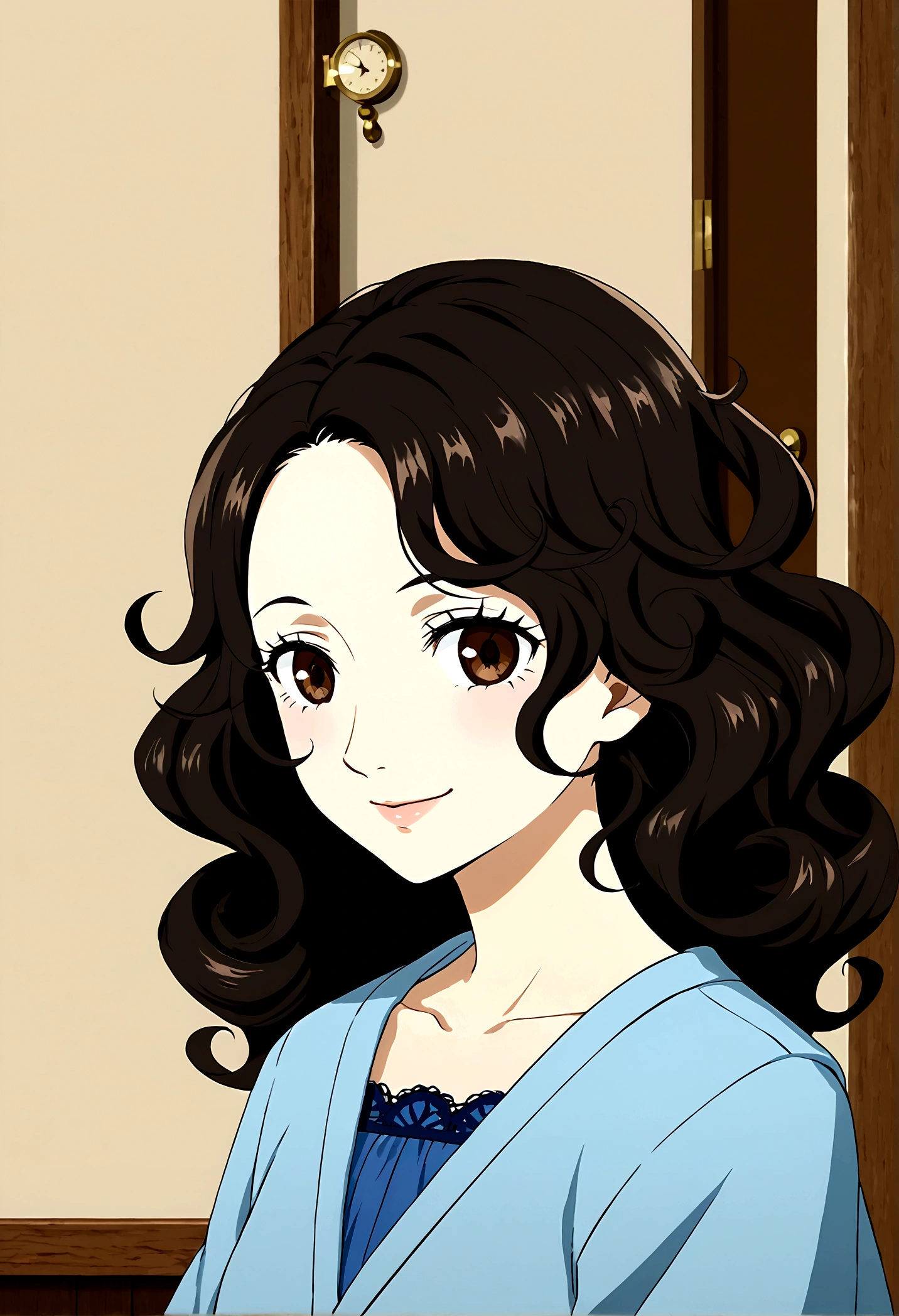 Masterpiece, college school hallway theme background, character: 1 girl, black hair, long curly hair, sweet smile, Brown eyes, clothing light blue dress with lace.