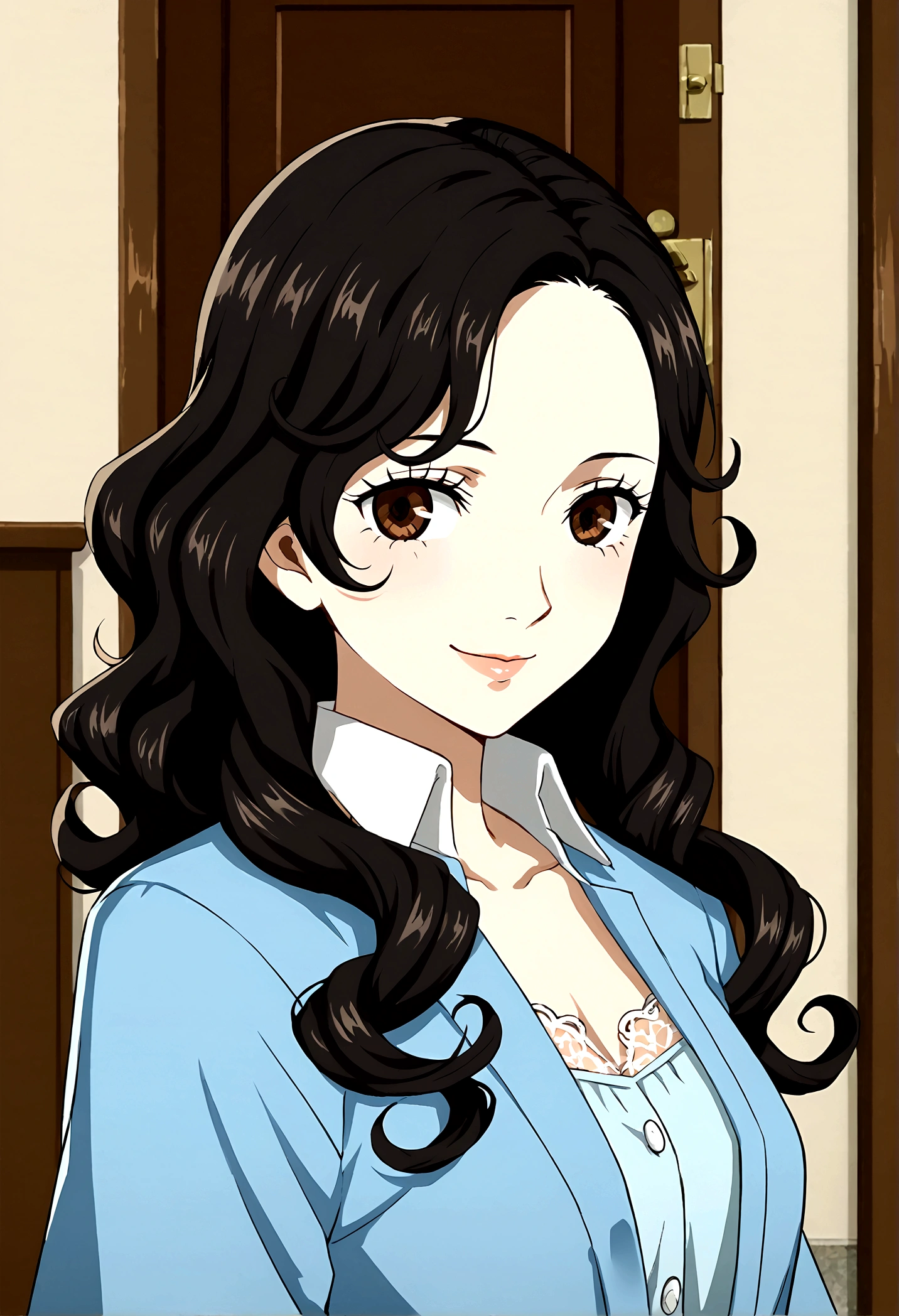 Masterpiece, college school hallway theme background, character: 1 girl, black hair, long curly hair, sweet smile, Brown eyes, clothing light blue dress with lace.