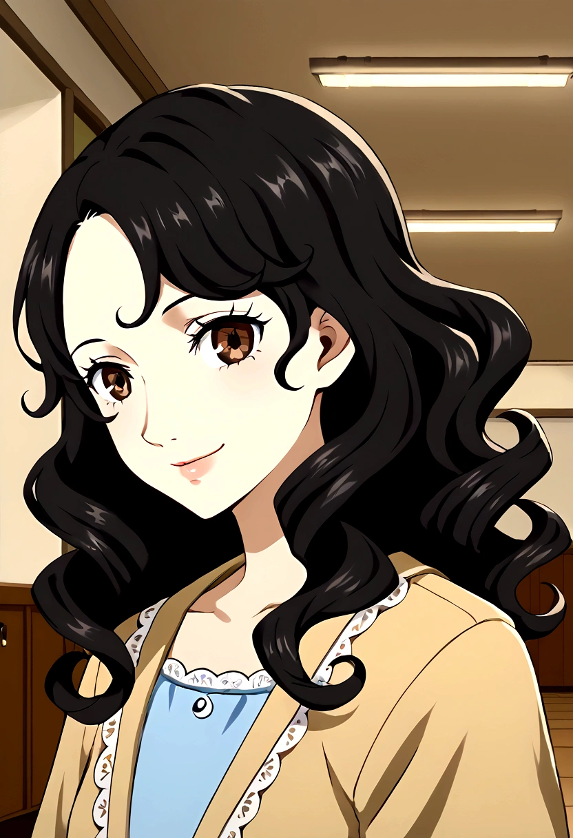 Masterpiece, college school hallway theme background, character: 1 girl, black hair, long curly hair, sweet smile, Brown eyes, clothing light blue dress with lace.