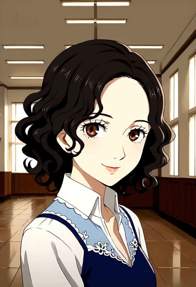 Masterpiece, college school hallway theme background, character: 1 girl, black hair, long curly hair, sweet smile, Brown eyes, clothing light blue dress with lace.