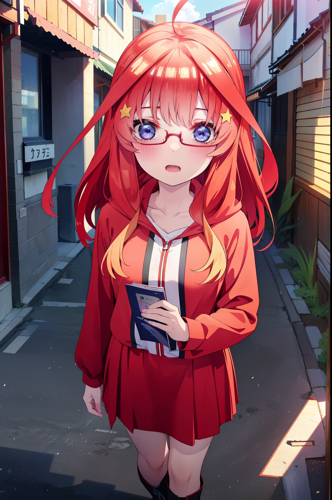 itsukinakano, itsuki nakano, bangs, blue eyes, Hair between the eyes, Ahoge, Redhead, star \(symbol\), hair ornaments, star hair ornaments,smile,blush,Open your mouth,Red-rimmed glasses,Oversized red hoodie and long skirt,boots,Walking,Daytime,Clear skies,whole bodyがイラストに入るように,
break outdoors, Alley,
break looking at viewer, whole body,
break (masterpiece:1.2), Highest quality, High resolution, unity 8k wallpaper, (figure:0.8), (Beautiful attention to detail:1.6), Highly detailed face, Perfect lighting, Highly detailed CG, (Perfect hands, Perfect Anatomy),