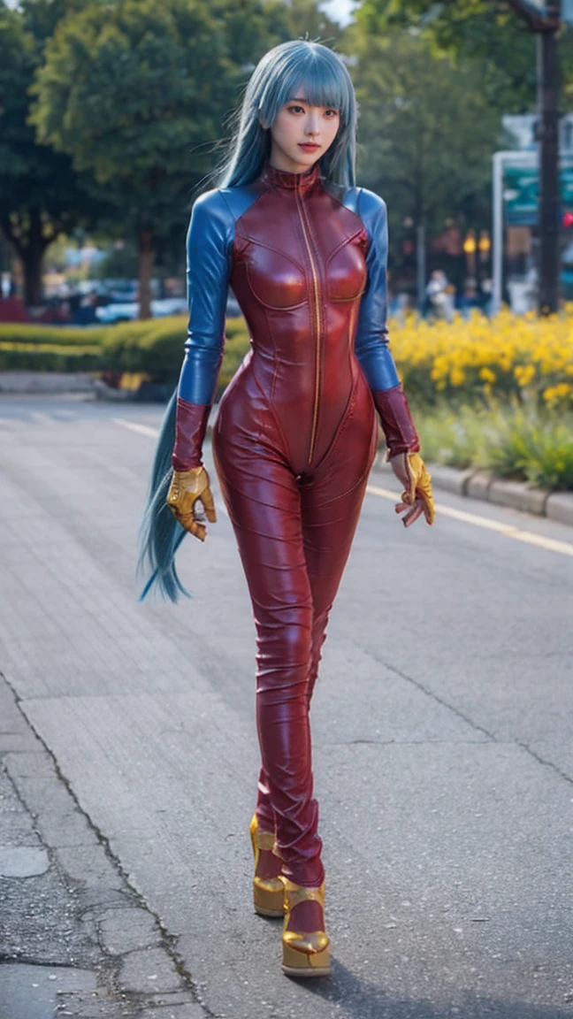 (masterpiece), best quality, expressive eyes, perfect face ((kof)), ((king of fighters)), ((kula diamond)), kula, ((long blue hair)), ((young girl)), yellow gloves, ((full maroon leather bodysuit)), ((zip red, maroon full bodysuit)), skintight, breasts exposed, red eyes, walking in park, belt, golden gloves, smile, golden shoes, ice magic, cutecute, feet, foot, legs full body