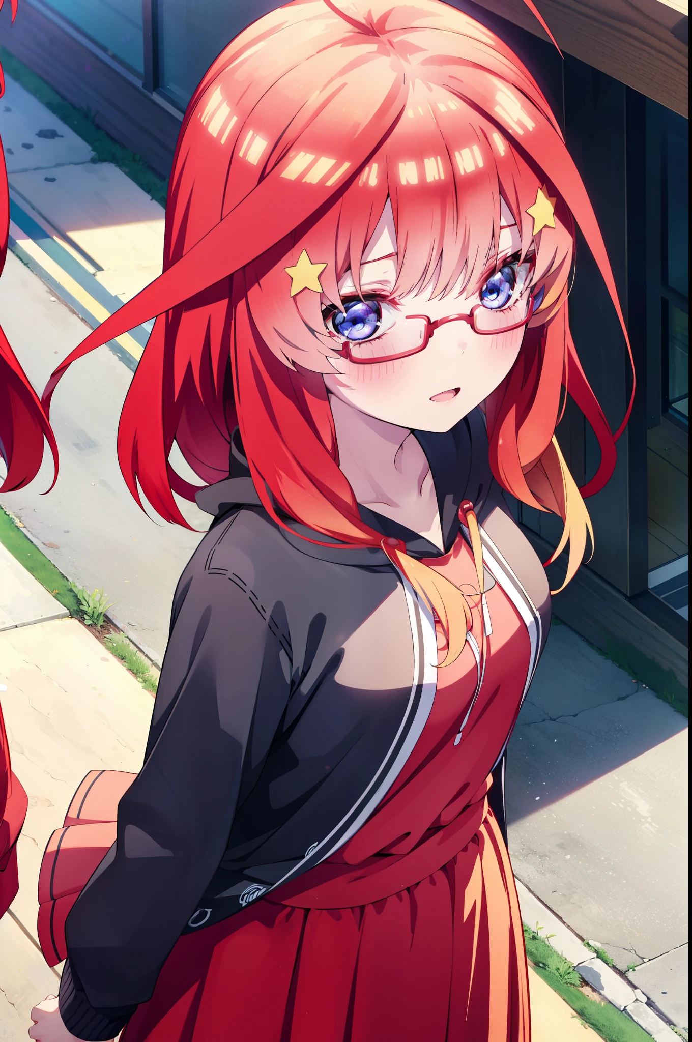 itsukinakano, itsuki nakano, bangs, blue eyes, Hair between the eyes, Ahoge, Redhead, star \(symbol\), hair ornaments, star hair ornaments,smile,blush,Open your mouth,Red-rimmed glasses,Oversized red hoodie and long skirt,boots,Walking,Daytime,Clear skies,whole bodyがイラストに入るように,
break outdoors, Alley,
break looking at viewer, whole body,
break (masterpiece:1.2), Highest quality, High resolution, unity 8k wallpaper, (figure:0.8), (Beautiful attention to detail:1.6), Highly detailed face, Perfect lighting, Highly detailed CG, (Perfect hands, Perfect Anatomy),