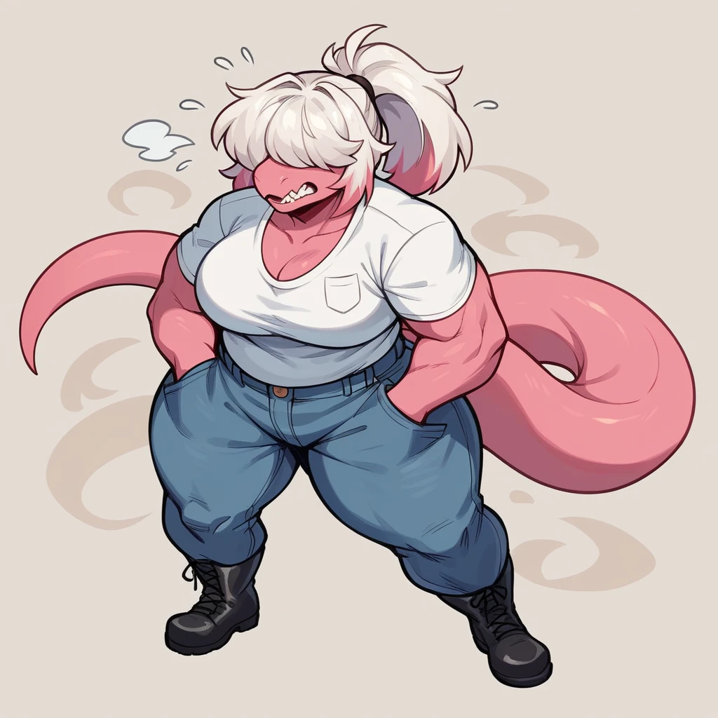 a one woman, Pink skin, white ponytail hair with a multicolored lock of hair, eyes covered by hair, "Hair over Eyes", Exaggerated breasts, body with exaggerated volume in the bust, curved sensual body, jaket, hands in pocket, regatta, jeans, Black boots, image focuses on the Character. Lizard snout lizard's pointed snout, neckleace, mouth closes shiny, pink lips, glowing skin, huge peitos, exaggerated breasts, gigantic breastss Extremely large breasts peitos gigantescos pls