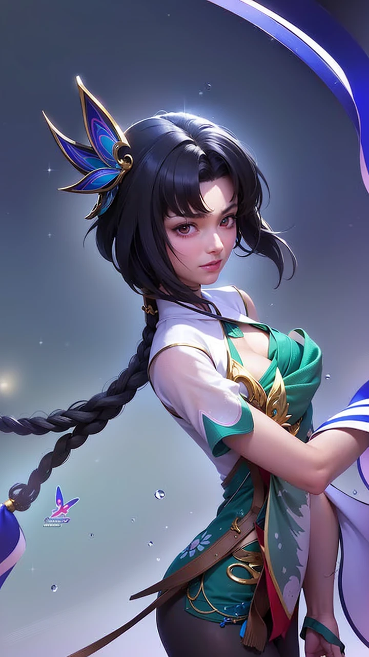 (8k, RAW photo, photorealistic:1.25) ,( lipgloss, eyelashes, gloss-face, glossy skin, best quality, ultra highres, depth of field, chromatic aberration, caustics, Broad lighting, natural shading, looking at viewer with a serene and goddess-like happiness, change from mobile legend game, black hair, red eyes, green ribbon, green kimono outfit, dynamic pose, outer space, relisem, 4k, hd, 1080p, smile.