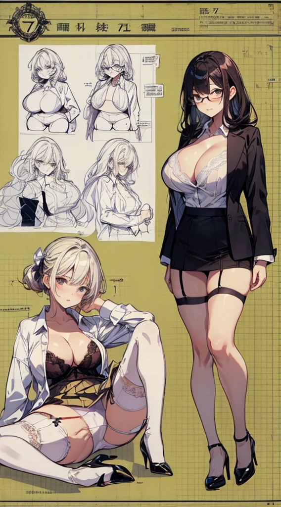 girl, alone, whole body, From head to toe, Are standing, (Huge Saggy Tits:1.3),
Character design sheet, Character Reference Sheet, 設計図のSchematic, Drafting, Blueprint, Schematic,
((Character design sheet:1.7, Character Reference Sheet:1.7,)),
anime/cartoon character wearing a girls , 1girl, alone, ,Mature Woman,Cleavage,Long sleeve,Collared shirt,White shirt,,(Tight Skirt),((garter belt)),(High heels),Skirt Suit,mini skirt,office lady,Long Hair, bow, , (Very short skirt:1.4), (lingerie:1.5),secretary,Thin glasses, (In underwear:1.8),nsfw,Full nudity、