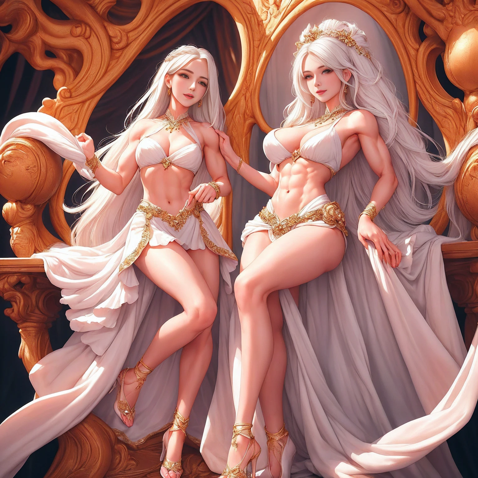 (masterpiece, best quality), intricate details, 1girl, Bridesmaid Muscular full body woman White hair White braid Motherly body smile Porcelain skin Red heels with feet together Long hair Hands on waist Navel Strong abs Direct look Perfect lighting Masterpiece High quality