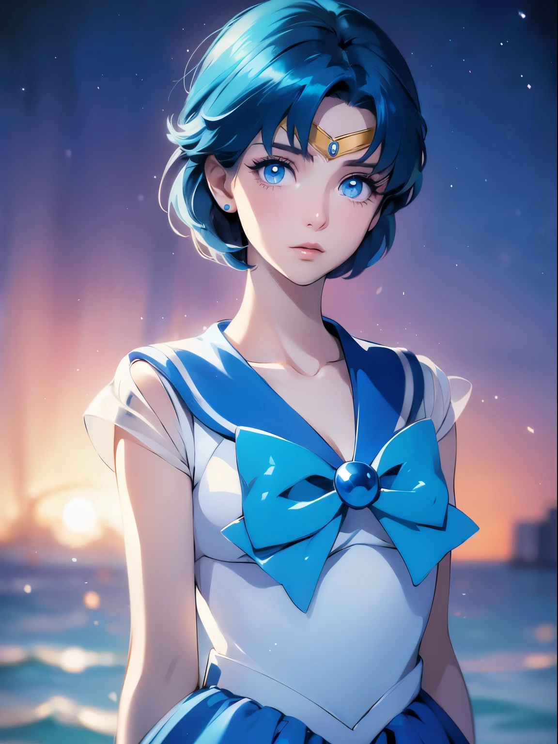 sailor mercury, 1 girl, blue hair, short hair, blue eyes, detailed eyes, simple background, female focus, alone, Standing, Ami Mizuno, portrait, full body, (Masterpiece:1.0), (best quality:1.0) , (wallpaper 8k:1.0), (detailed beautiful face:1.0), (detailed deep eyes), deep eyes, looking at viewer, sailor scout, sky blue bow on chest, blue skirt, white gloves,