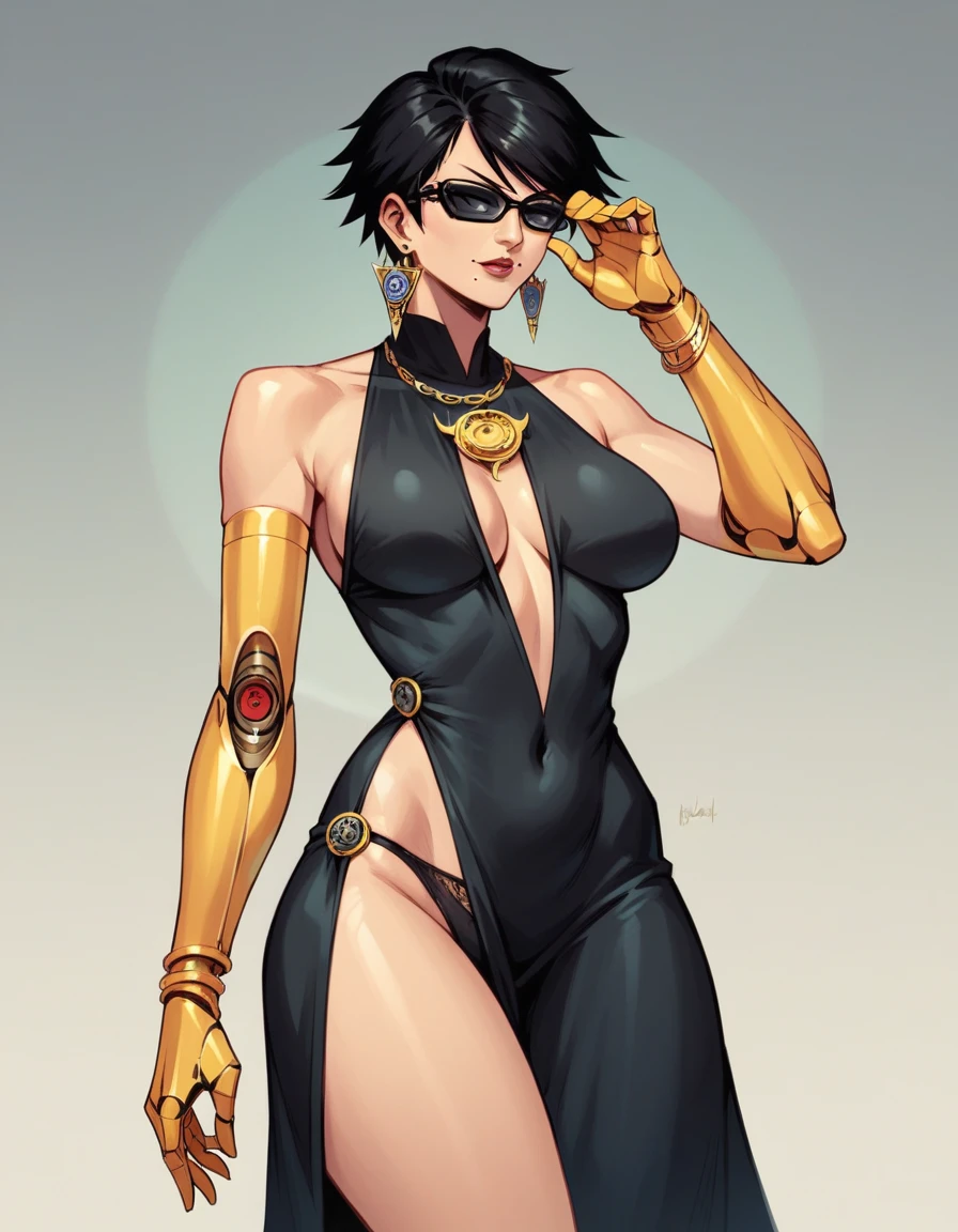 tall beautyfull woman, bayonetta shape, golden robotic arms, short black hair, golden earring, black panties, golden bracelet,sunglasses, slender body, natural body, milf, detailed, perfect face, black dress