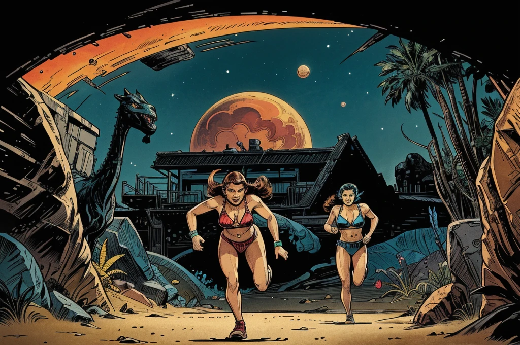 Use this prompt to create an image in the style of 1950s-70s comic book art. Use bold outlines, halftone patterns. Employ intense, saturated colors reminiscent of vintage four-color printing. Maintain a psychedelic, otherworldly atmosphere with swirling, colorful skies and strange celestial bodies. Emphasize the contrast between light and shadow to create a dramatic, pulp sci-fi feel. Create an image of:  a sexy cave girl wearing a bikini of ragged animal skins running away from dinosaurs