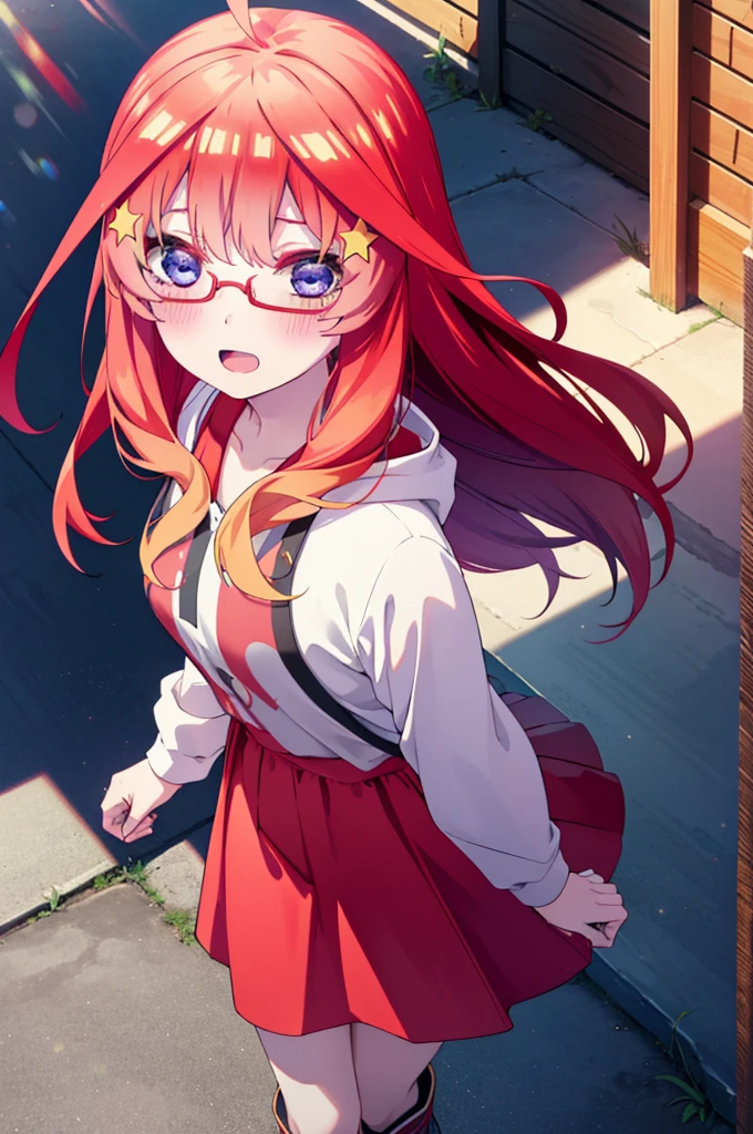itsukinakano, itsuki nakano, bangs, blue eyes, Hair between the eyes, Ahoge, Redhead, star \(symbol\), hair ornaments, star hair ornaments,smile,blush,Open your mouth,Red-rimmed glasses,Oversized red hoodie and long skirt,boots,Walking,Daytime,Clear skies,whole bodyがイラストに入るように,
break outdoors, Alley,
break looking at viewer, whole body,
break (masterpiece:1.2), Highest quality, High resolution, unity 8k wallpaper, (figure:0.8), (Beautiful attention to detail:1.6), Highly detailed face, Perfect lighting, Highly detailed CG, (Perfect hands, Perfect Anatomy),