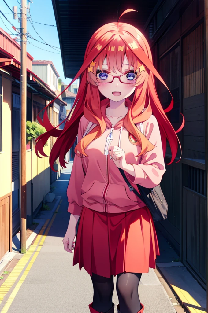 itsukinakano, itsuki nakano, bangs, blue eyes, Hair between the eyes, Ahoge, Redhead, star \(symbol\), hair ornaments, star hair ornaments,smile,blush,Open your mouth,Red-rimmed glasses,Oversized red hoodie and long skirt,boots,Walking,Daytime,Clear skies,whole bodyがイラストに入るように,
break outdoors, Alley,
break looking at viewer, whole body,
break (masterpiece:1.2), Highest quality, High resolution, unity 8k wallpaper, (figure:0.8), (Beautiful attention to detail:1.6), Highly detailed face, Perfect lighting, Highly detailed CG, (Perfect hands, Perfect Anatomy),
