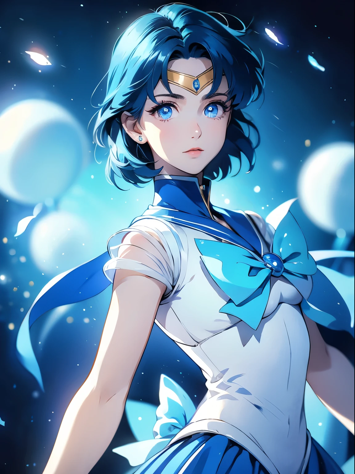 sailor mercury, 1 girl, blue hair, short hair, blue eyes, detailed eyes, simple background, female focus, alone, Standing, Ami Mizuno, portrait, full body, (Masterpiece:1.0), (best quality:1.0) , (wallpaper 8k:1.0), (detailed beautiful face:1.0), (detailed deep eyes), deep eyes, looking at viewer, sailor scout, sky blue bow on chest, blue skirt, white gloves,