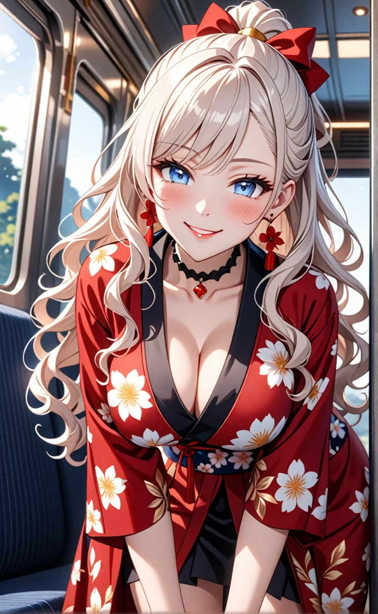 ultra-detailed, ((one girl)), (pale skin:1.3), gyaru, ((blue eyes)), (heavy makeup), hyper detailed, absurdres, 8K, Beautiful Face, (Laugh shyly), ((teasing smile:1.8)), ((Wink:1.7)), (Laugh with your mouth wide open),((Tilt your head:1.7)), View your viewers, ((Bright red cheeks:1.6)),Glossy Red Lips, ((Big Breasts:1.5)), (show off breast), noon, on the train, (Brighten your face), ((Anime style background)),masterpiece, Highest quality, so beautiful,Latest, Complex details, (Pink long nails), (nail art), (ring),(bracelet), (Floral Choker),AI-generated, Complex,High resolution, Highest quality, super high quality,3D Images、3D Images,One person,Long white hair,(High Ponytail), (wavy hair:1.3), White haired anime woman posing for a photo, ((Fine grain、blue eyes、glowing eyes:1.4)), (Squint your eyes:1.1),a hyperRealistic , hyperRealistic , Realistic,Anime woman with long white hair, Smooth anime CG art, A girl in a gorgeous black kimono, ((Black furisode)),(Red large floral pattern), ((undressing kimono:1.3)), Long flower hair ornament,Floral Earrings,Mature Body, tall,Narrow waist, Sit in your seat, ((leaning forward:1.5), ((front view)),((Zoom up to face:1.3)),