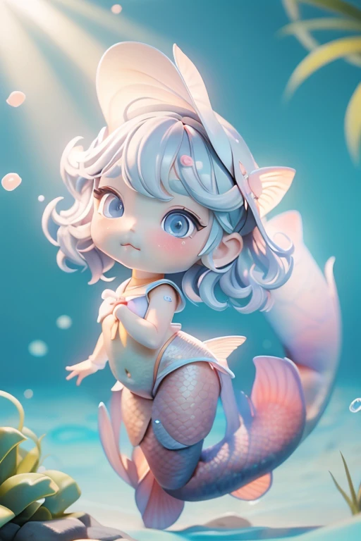 High quality、Correct Anatomy、plastican00d、Bright atmosphere、Realistic Light、Spotlight from above、pretty girl、mermaid、、Fish scale tights、Silver Hair、garter belt、Two-headed appearance、plastic、Very short hair, summer sunshine、Poolside、full body, chibi、