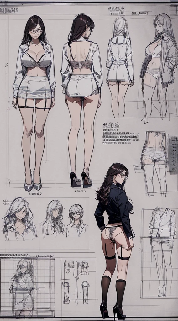 girl, alone, whole body, From head to toe, Are standing, (Huge Saggy Tits:1.3),
Character design sheet, Character Reference Sheet, 設計図のSchematic, Drafting, Blueprint, Schematic,
((Character design sheet:1.7, Character Reference Sheet:1.7,)),
anime/cartoon character wearing a girls , 1girl, alone, ,Mature Woman,Cleavage,Long sleeve,Collared shirt,White shirt,,(Tight Skirt),((garter belt)),(High heels),Skirt Suit,mini skirt,office lady,Long Hair, bow, , (Very short skirt:1.4), (lingerie:1.5),secretary,Thin glasses, (In underwear:1.8),nsfw,Full nudity、