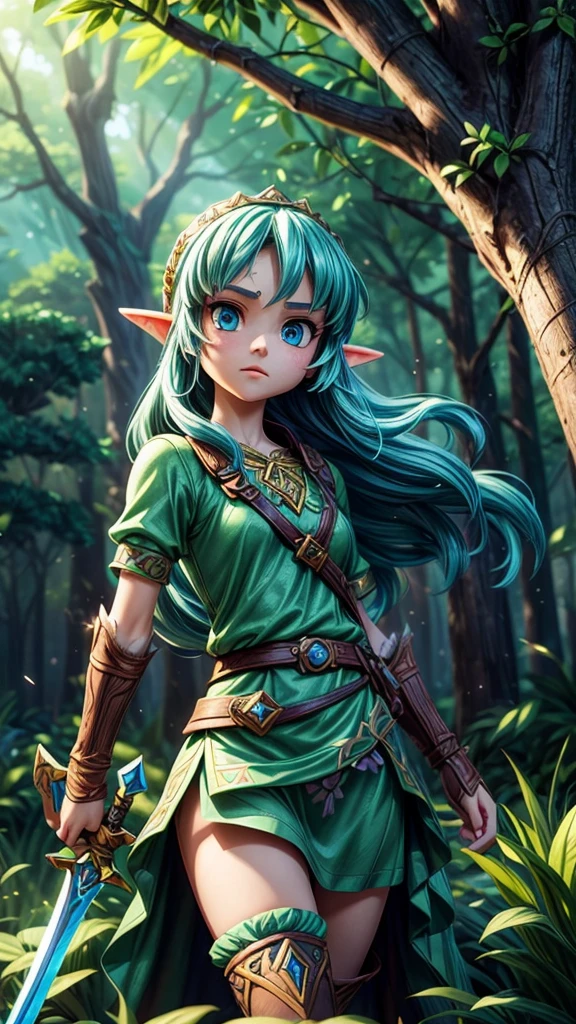 Detailed fantasy illustrations of the Legend of Zelda、A young female protagonist with long hair and piercing blue eyes、Wearing a green tunic、Towering Tree々and sparkling magic elements、Dramatic lighting、Bright colors、Cinematic composition、Intricate details、Mysterious forest stream landscape、Ready your sword and attack the enemy、Divine Light、Dynamic fighting pose