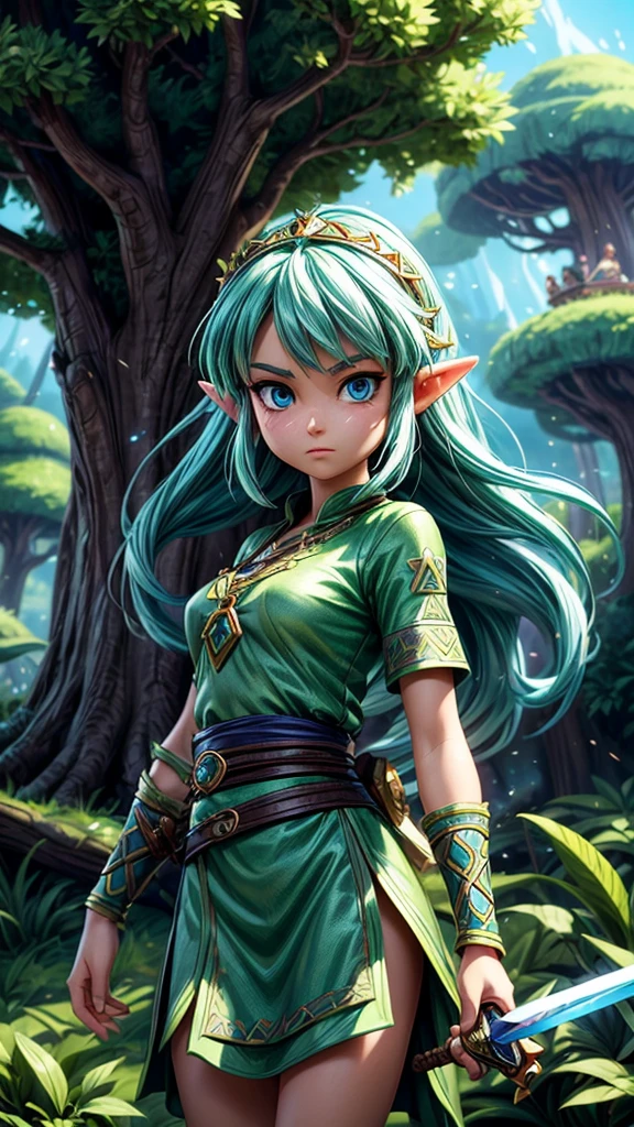 Detailed fantasy illustrations of the Legend of Zelda、A young female protagonist with long hair and piercing blue eyes、Wearing a green tunic、Towering Tree々and sparkling magic elements、Dramatic lighting、Bright colors、Cinematic composition、Intricate details、Mysterious forest stream landscape、Ready your sword and attack the enemy、Divine Light、Dynamic fighting pose
