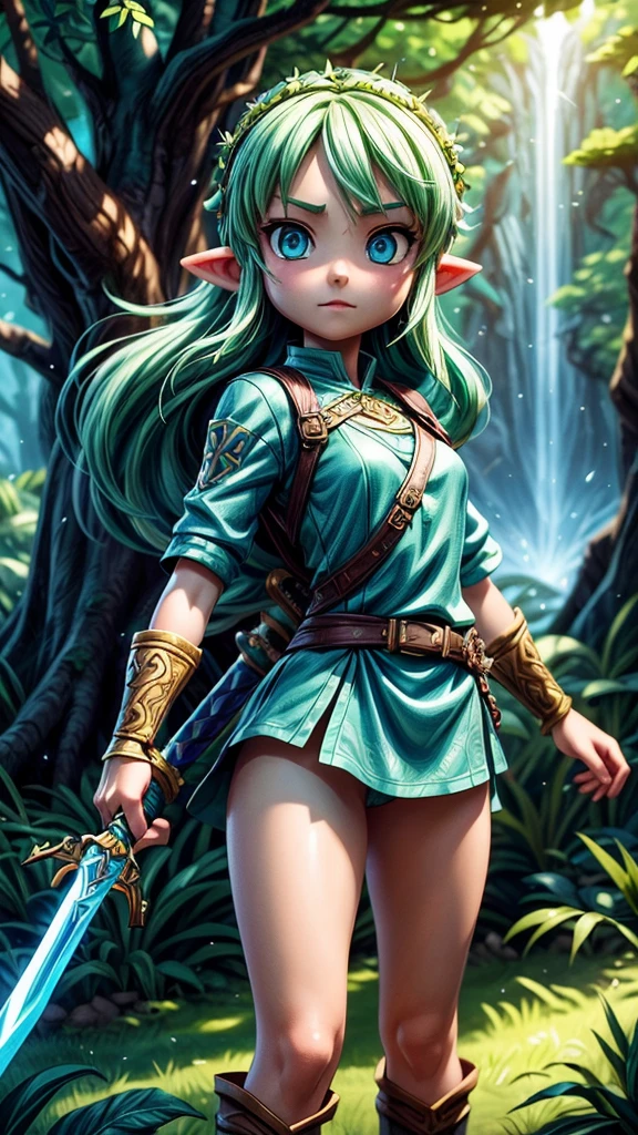 Detailed fantasy illustrations of the Legend of Zelda、A young female protagonist with long hair and piercing blue eyes、Wearing a green tunic、Towering Tree々and sparkling magic elements、Dramatic lighting、Bright colors、Cinematic composition、Intricate details、Mysterious forest stream landscape、Ready your sword and attack the enemy、Divine Light、Dynamic fighting pose