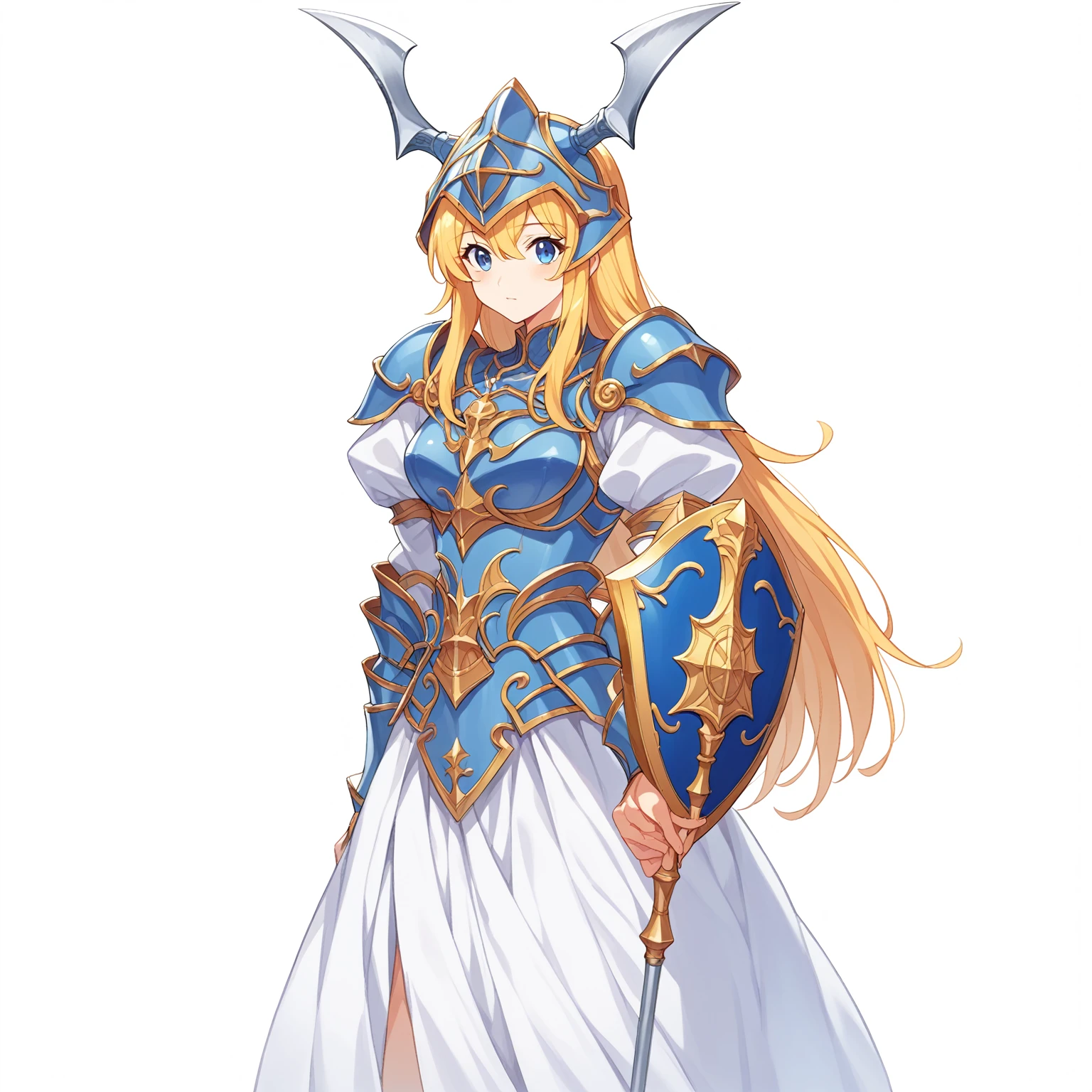 Highest quality, high resolution, High quality game art style, whole body,Valkyrie,Official Art, Smooth game CG art,Cute 3D anime girl render, Visual Novel Sprites, White background,Smooth game CG art, A woman wearing a white dress and blue armor, An intricately designed helmet with white feathers,Small shield, Woman with a gun,(((In his right hand he holds an elaborate halberd))),Exquisite Blue Armor,Golden Hair, long hair, female knight, Rin々Shii,Large Bust,,