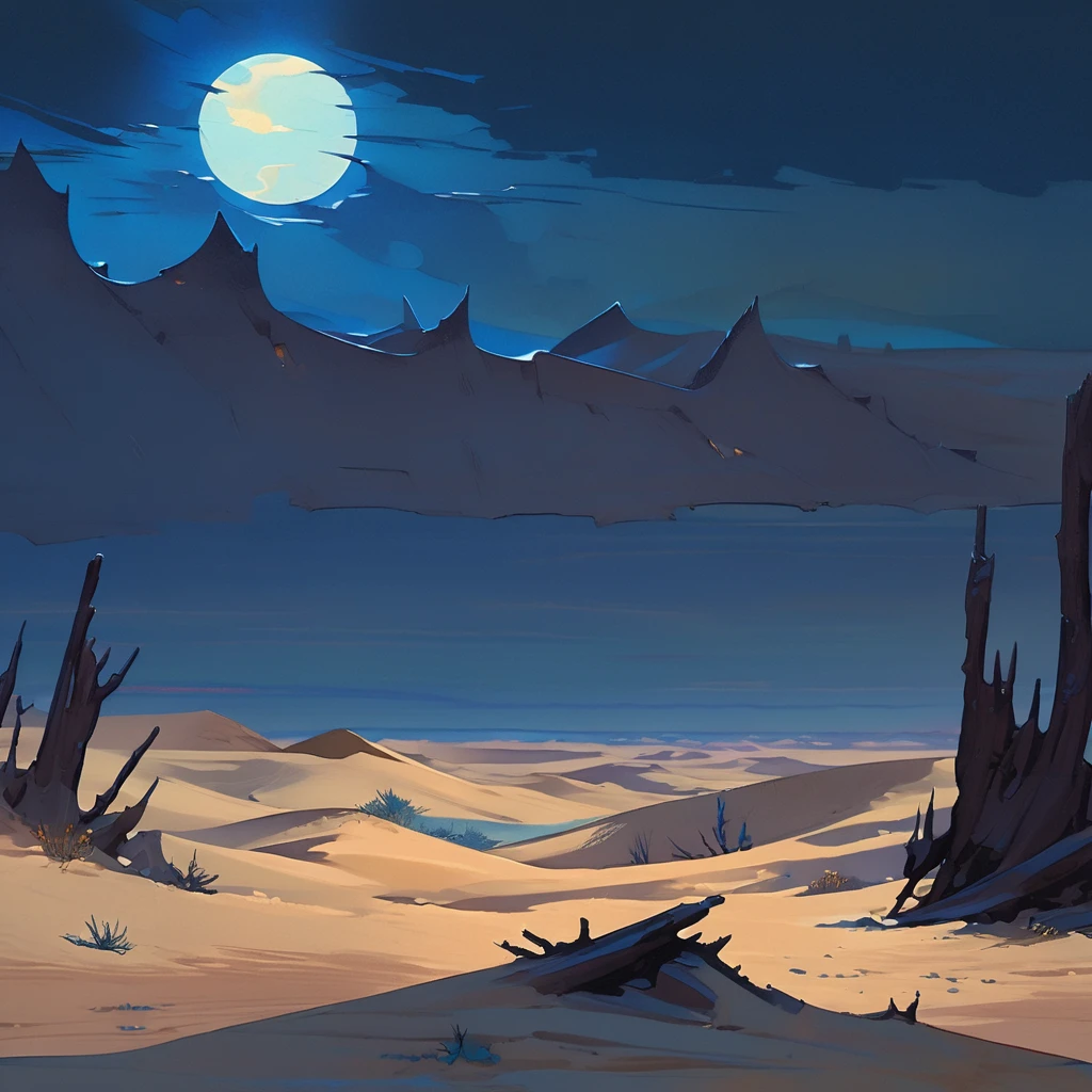 Old West, Desert, horizon, blue Night , from far, Oil paint,(only blue and black color palette), Giant glass shards in sand, spiky glass structures, sand dunes, dune, darkness, Scary, moon, Too dark, dimly lit, pitch, human corpse, dark night, no light, Dark sky, black sky, dark night, deep darkness, Terrible storm