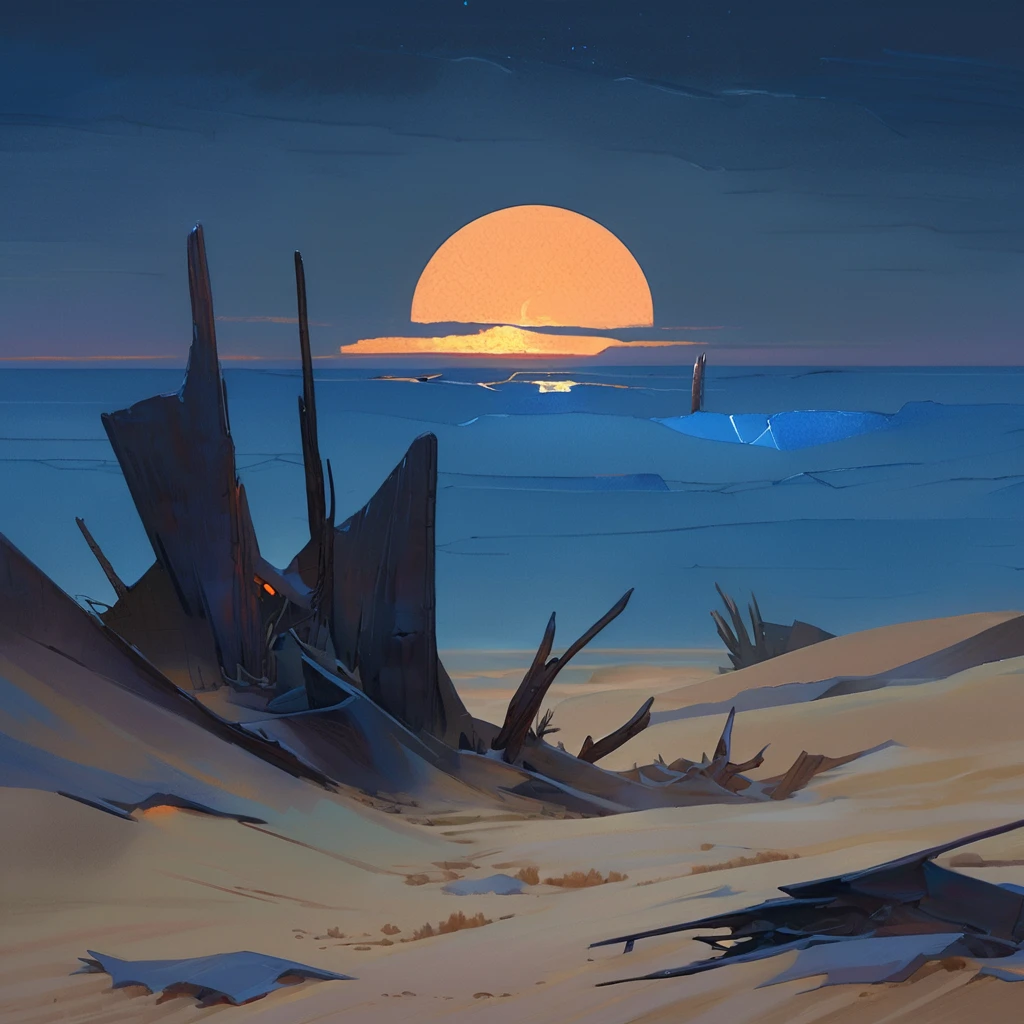Old West, Desert, horizon, blue Night , from far, Oil paint,(only blue and black color palette), Giant glass shards in sand, spiky glass structures, sand dunes, dune, darkness, Scary, moon, Too dark, dimly lit, pitch, human corpse, dark night, no light, Dark sky, black sky, dark night, deep darkness, Terrible storm 