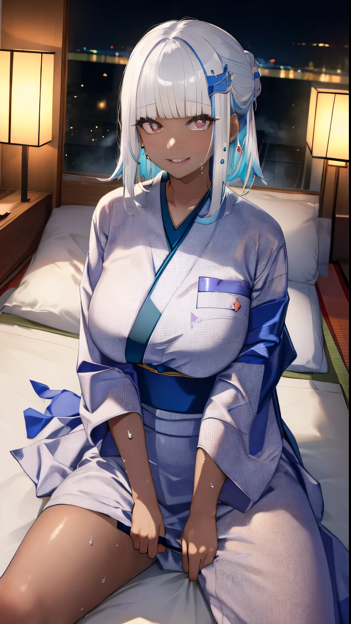 Highest quality、Highest quality、masterpiece、High-end、
,
(kimono:1.28),Heart-shaped pupils、((throw:1.8)),
smile,Mouth closed,
Lady,Mature Woman, Cowboy Shot,
(Dark Room:1.5, Love hotel beds in Japan:1.5, Detailed Background:1.18),
High resolution,Official Art,original,masterpiece,Highest quality, reality、
(Huge breasts),
(Oily skin),((vapor,Sweat))
Lying on the futon in a sexy pose、Lie down with your legs apart, invite、serviceを実行する、service、White Hair、(Brown Skin:1.5)