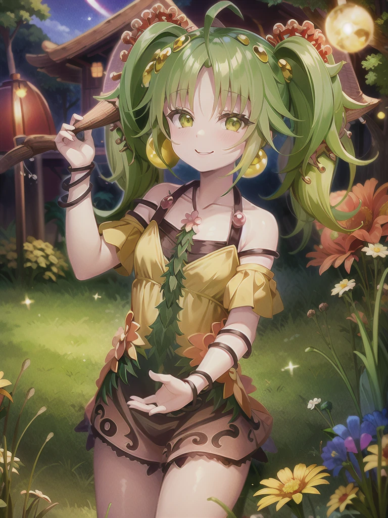 ((masterpiece,best quality)),(extremely detailed CG, unity, 8k wallpaper:1.1),traptrixsera, twintails,1girl,cute,solo,flat chest,yellow hair,smile,small breast,looking at viewer,green hair,tree,grass,forest,naughty face,flowers,stone, 