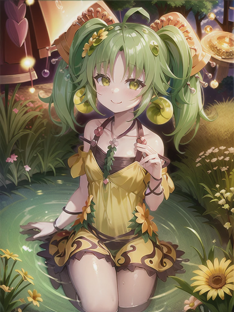 ((masterpiece,best quality)),(extremely detailed CG, unity, 8k wallpaper:1.1),traptrixsera, twintails,1girl,cute,solo,flat chest,yellow hair,smile,small breast,looking at viewer,green hair,tree,grass,forest,naughty face,flowers,stone, 